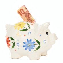 Farverig, blomstret sparegris i keramik med lås