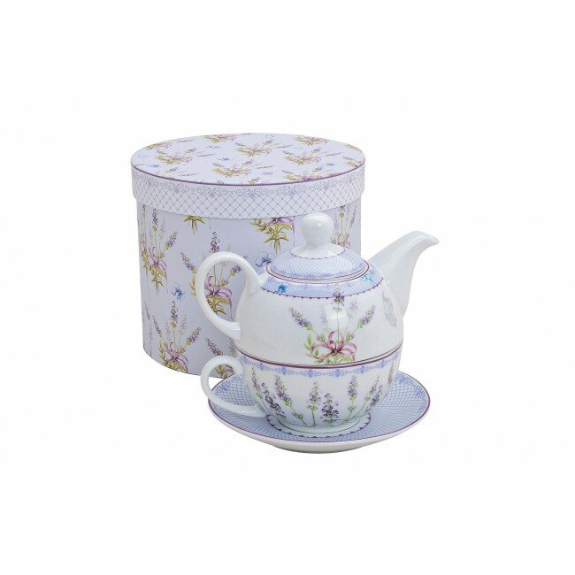 Tee-Set mit Lavendel Motiv für eine Person | Teekanne, Teetasse & Untertasse | Porzellan Teeservice in Geschenkbox | Design Henkel-Tasse, Henkel-Kanne & Unterteller für Teetrinker | Tea for one