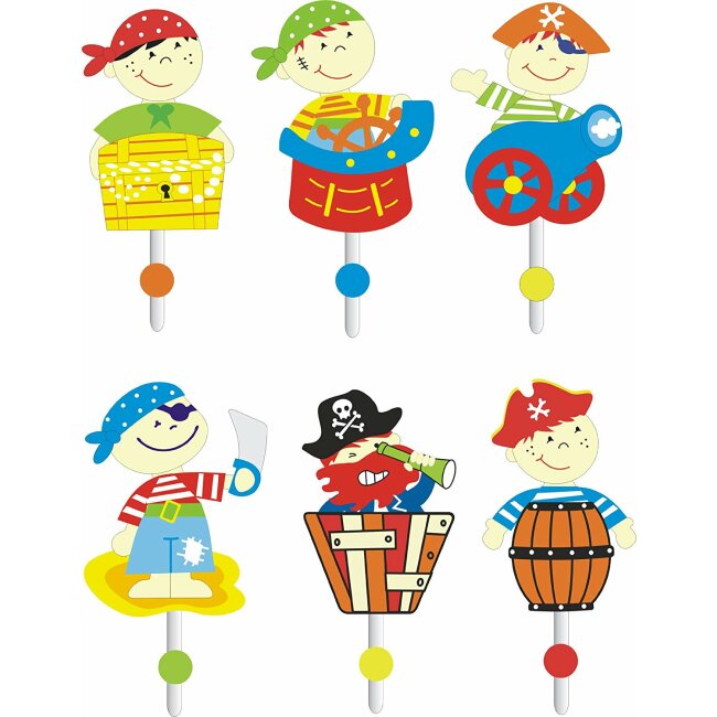 Set of 6 coat hooks Colorful pirate motifs