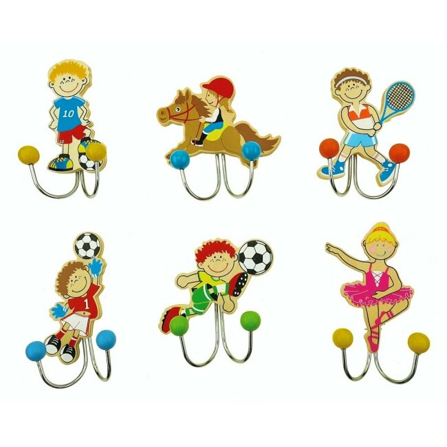 Set of 6 double coat hooks colorful sports motifs