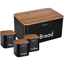 Bread box, sugar bowl, coffee tin, tea tin 4 pcs - black