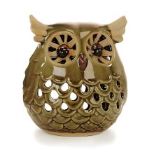 Windlicht Eule aus Keramik, 10 cm grün