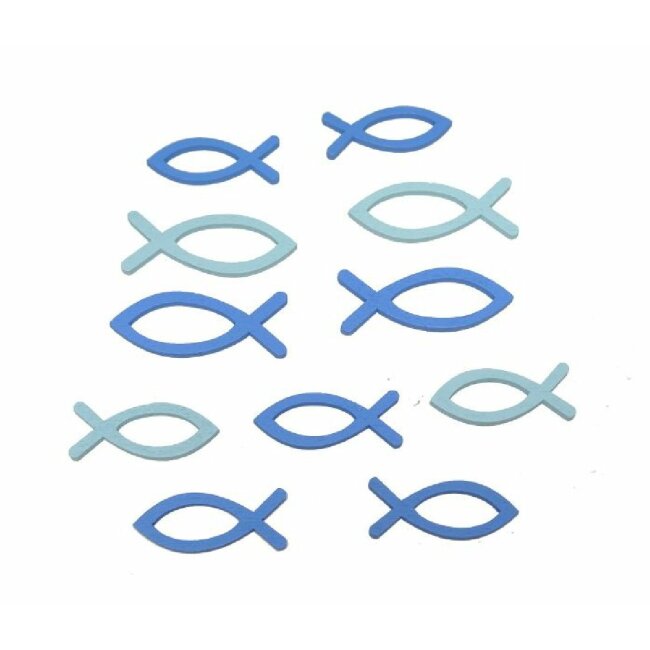 Strooisel decoratie blauwe vis 60 stuks 4cm + 5 cm hout
