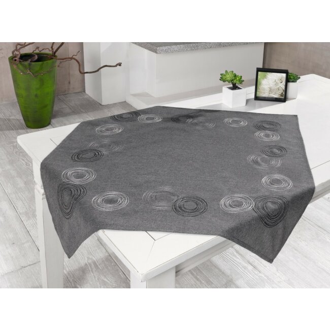 Tischdecke "Kringel" schwarz anthrazit mit Kreisen bestickt