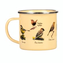Enamel mug birds, ca.10 L x 12 W x 9.3 H cm