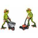 Set of 2 frog with wheelbarrow + lawn mower