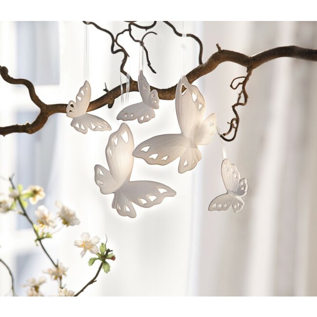 Decorative hanger butterfly white porcelain on satin loops 5-pack