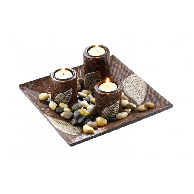 Decorative bowl with three candle holders made of polyresin in wood look brown 20x20x10cm