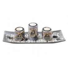 Rechthoekige decoratieve schaal met 3 kandelaars in grijs polyresin en stenen decoratie