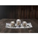 Rechthoekige decoratieve schaal met 3 kandelaars in grijs polyresin en stenen decoratie