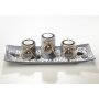 Rechthoekige decoratieve schaal met 3 kandelaars in grijs polyresin en stenen decoratie