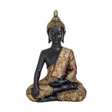 Boeddha zwart/goud, ca. 21 cm - handen op schoot