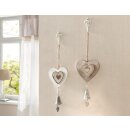 Heart hanger wood brown white set of 2 with bells