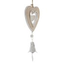 Heart hanger wood brown white set of 2 with bells