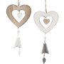 Heart hanger wood brown white set of 2 with bells