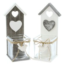 Tealight holder bird house of glass and wood, set of 2