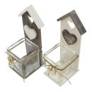 Tealight holder bird house of glass and wood, set of 2