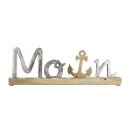 Aluminium "Moin" op houten basis, ca. 43 x 14 cm