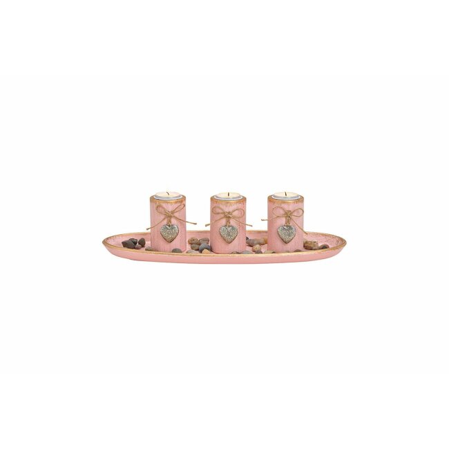 Teelichthalter mit Dekosteinen aus Holz, pink/ rosa, ca. 39 x 12 x 15 cm