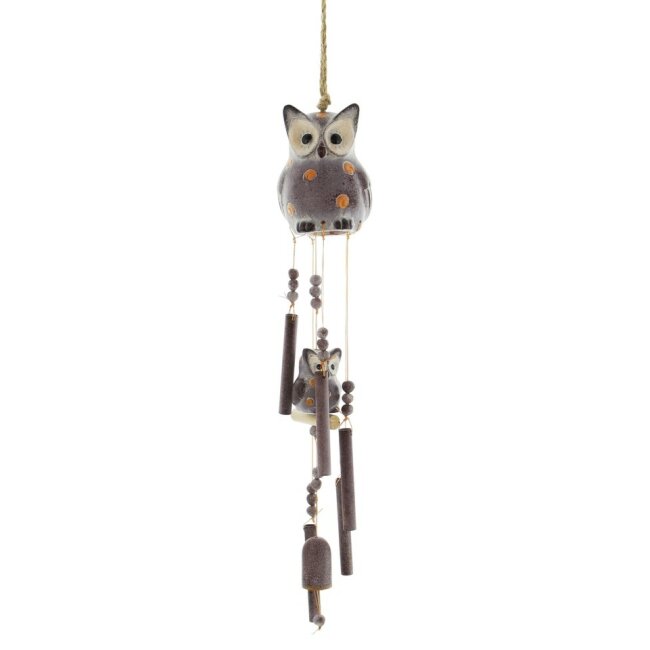 Carillon éolien Chouette en terre cuite peinte Bâtons sonores et cloche