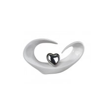 Elegantly curved decorative heart made of stoneware in white and silver