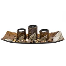 Rechthoekige decoratieve schaal met drie kandelaars in houtlook