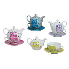 Porzellan Tee Set Tea for one Teeservice Teekanne Tasse Untersetzer Eule grün weiß