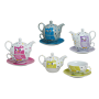Porzellan Tee Set Tea for one Teeservice Teekanne Tasse Untersetzer Eule grün weiß