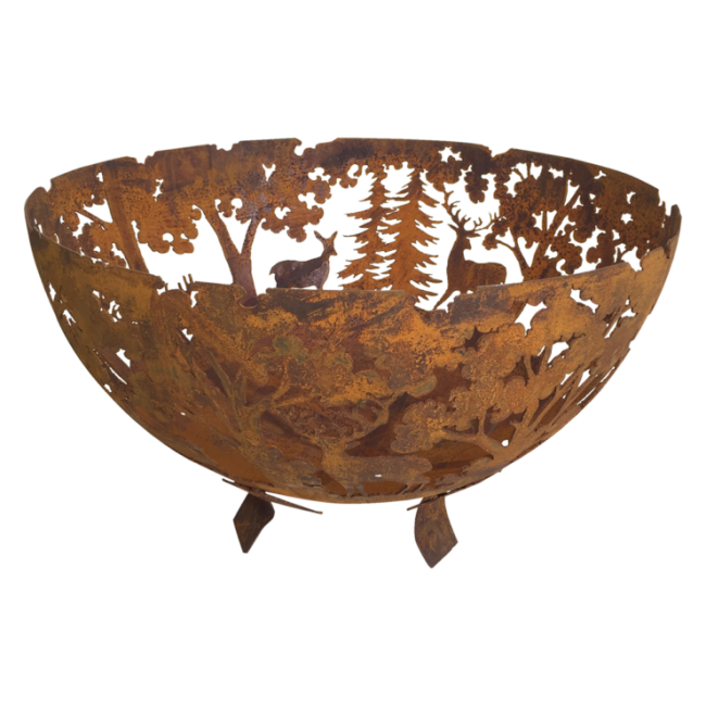 Fire bowl in rust look with laser cut forest landscape